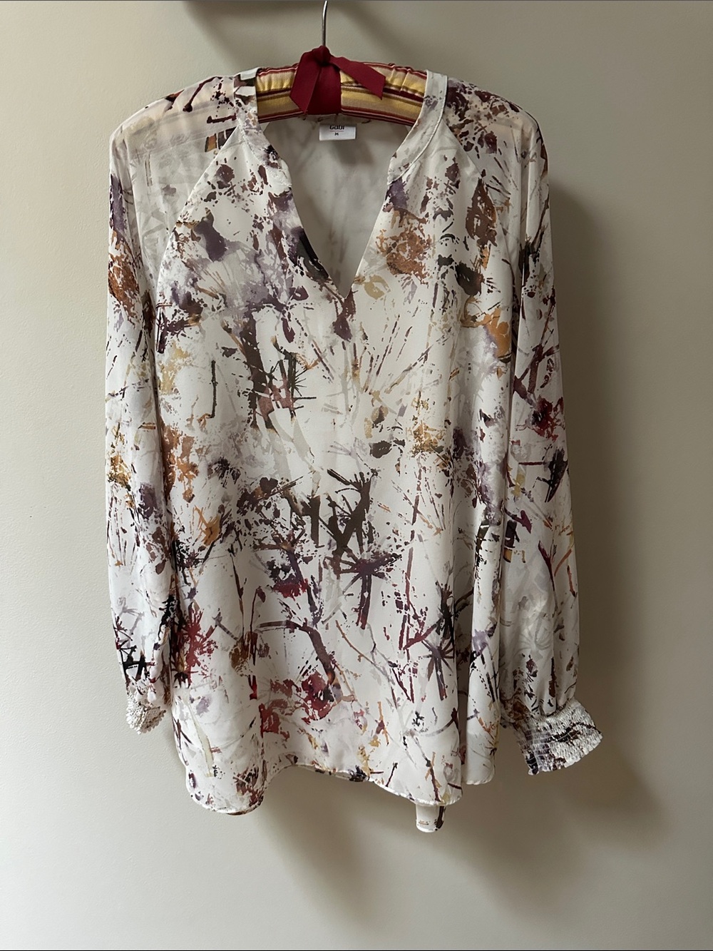 CAbi Goddess Blouse White Abstract Splatter V-Neck